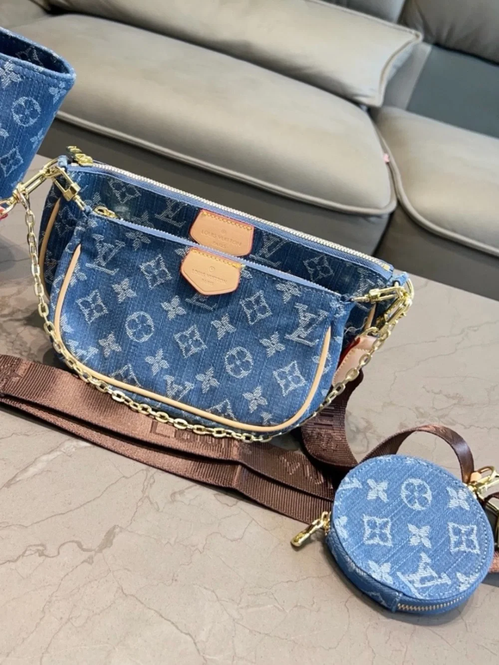 LUXURY~Blue Denim Crossbody Bag with Gold Chain & monogram wallet/change purse